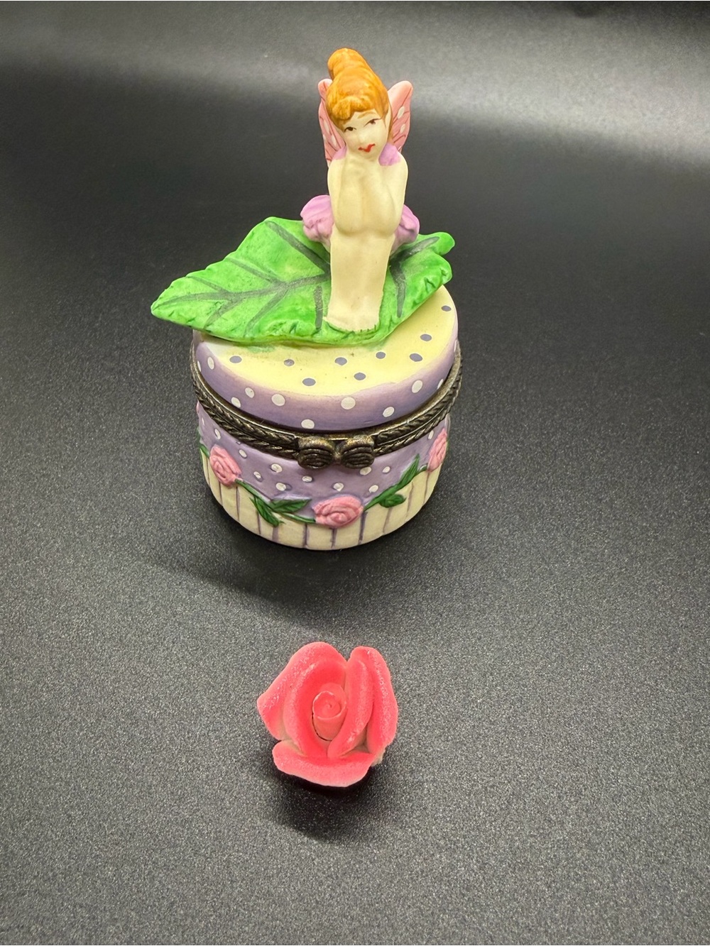 Fairy With Wings Ceramic Hinged Trinket Box With Rose Trinket